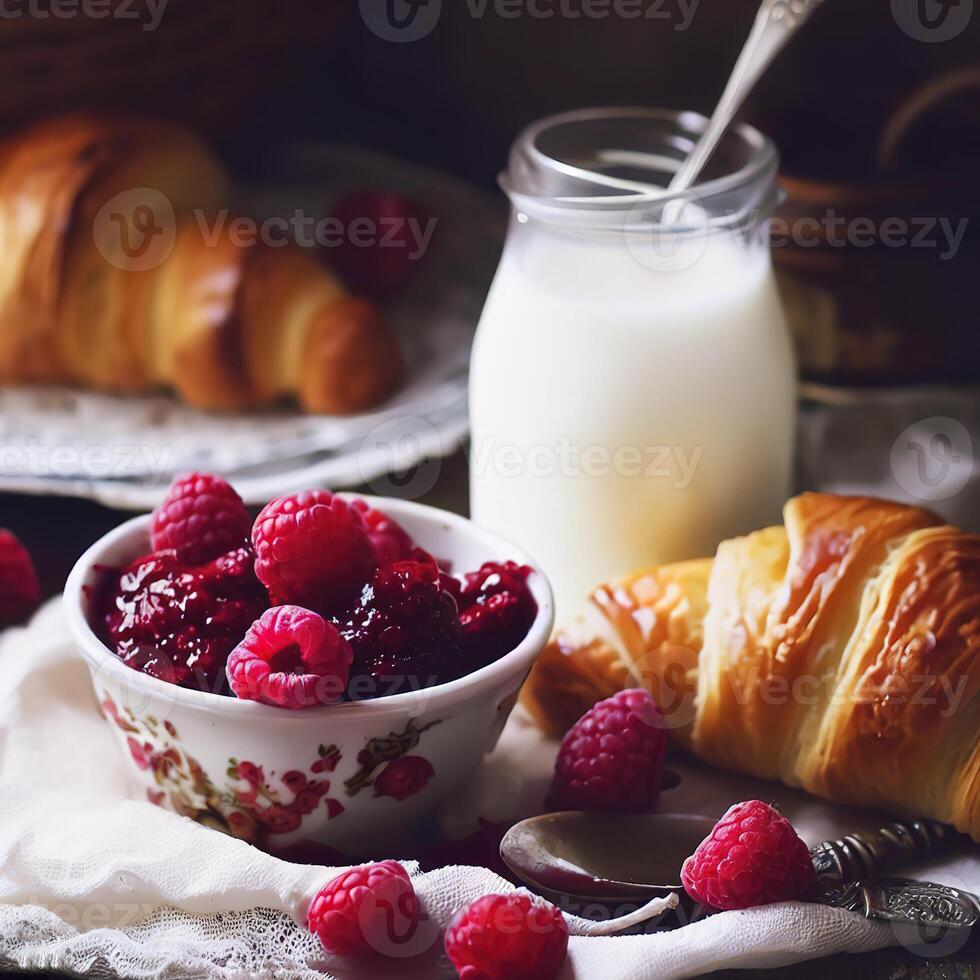 eigengemaakt heerlijk framboos jam met croissant , melk en framboos. selectief focus. ai generatief foto