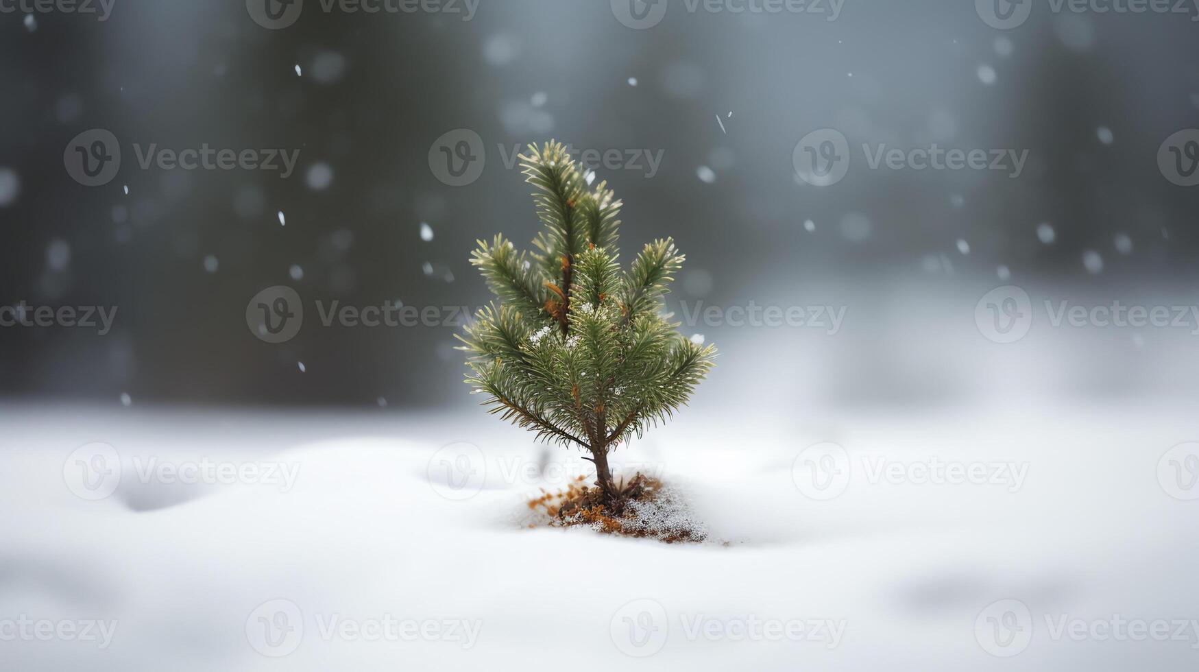 ai generatief klein Kerstmis boom zittend in de sneeuw foto