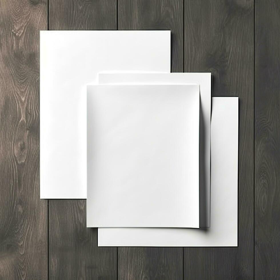 blanco wit papier vel Aan houten tafel achtergrond. generatief ai foto