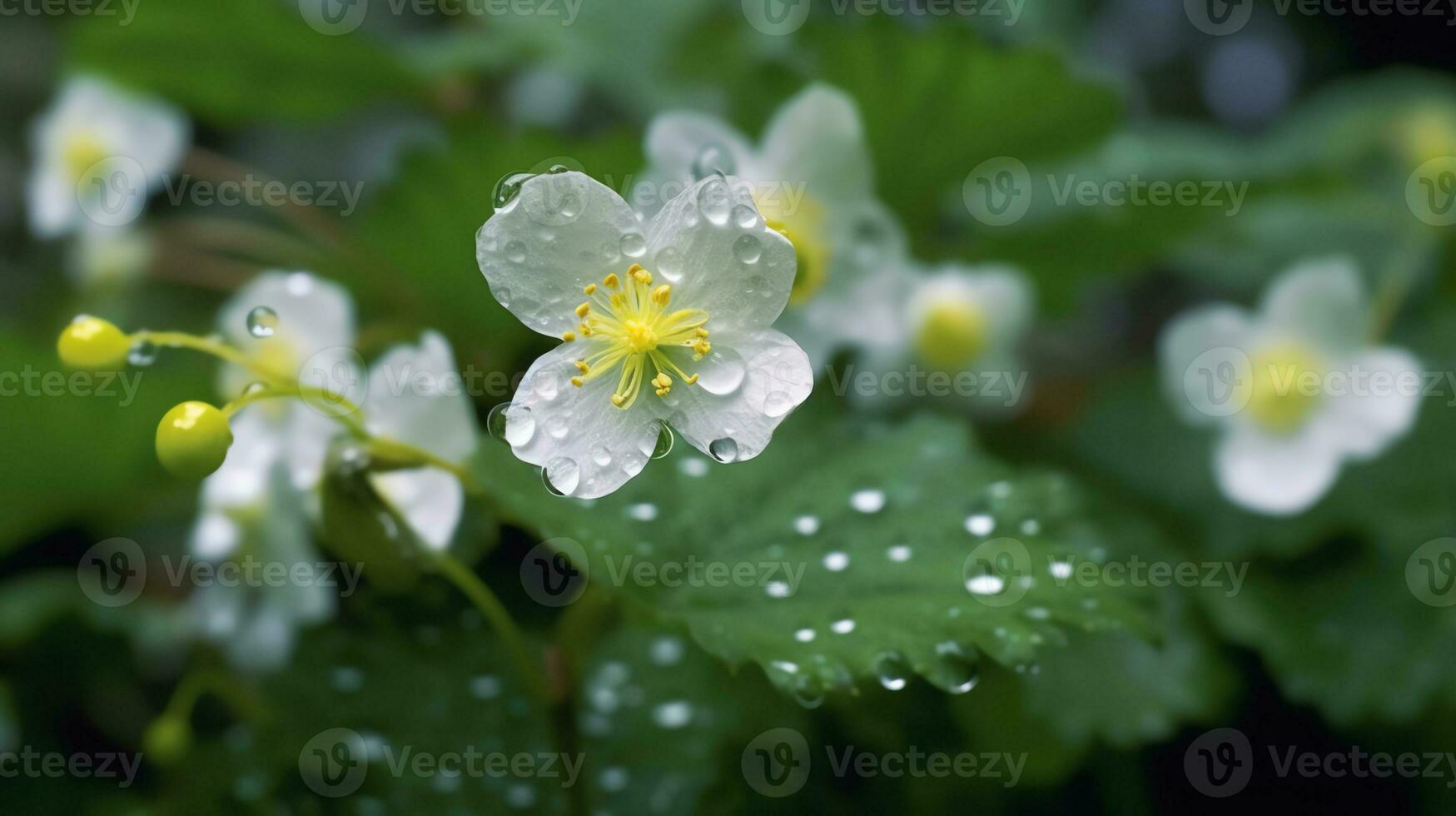 ai generatief wit bloemen met dauwdruppels Aan de bladeren foto