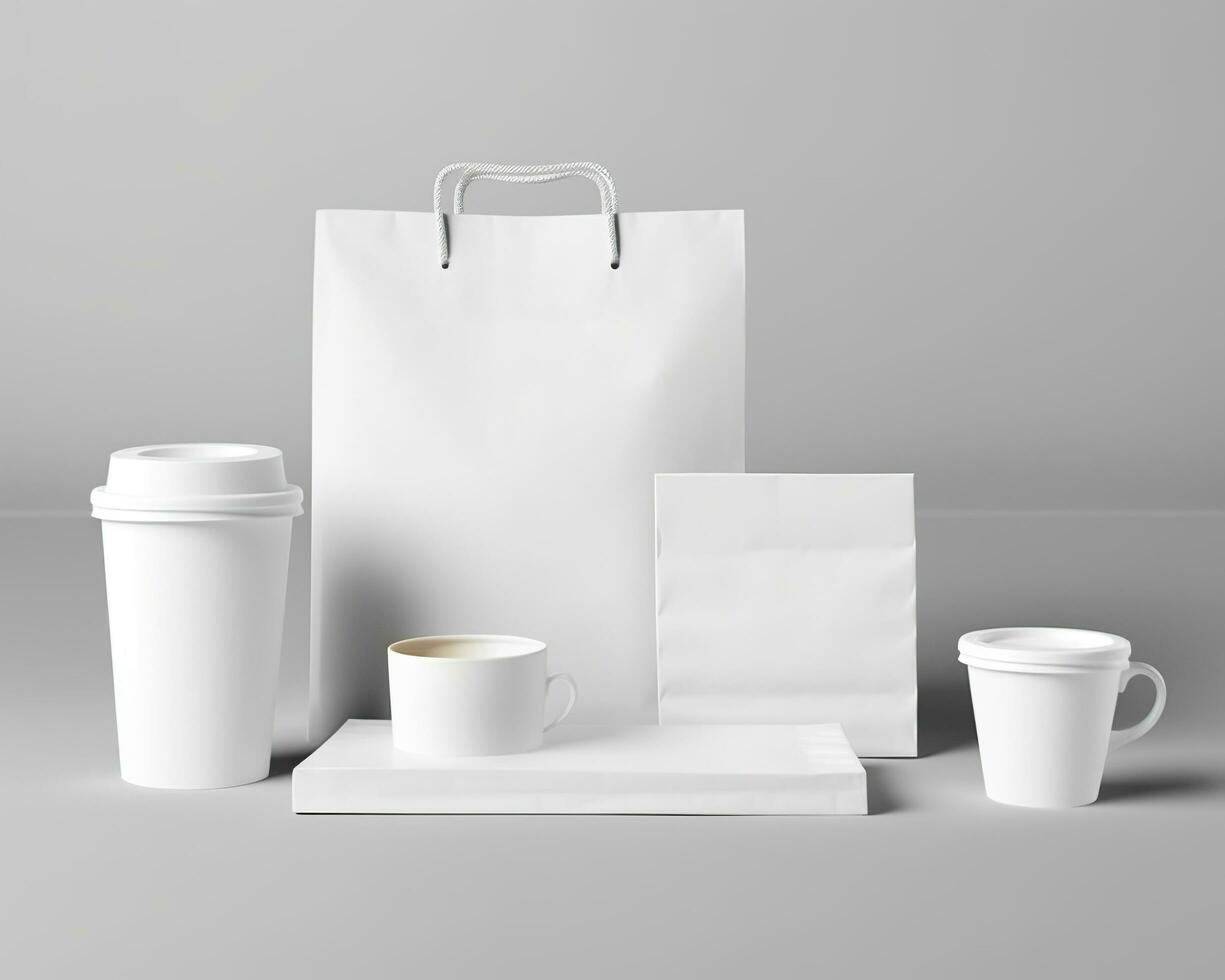 blanco tas, koffie mok, en kop Aan een licht achtergrond. generatief ai foto