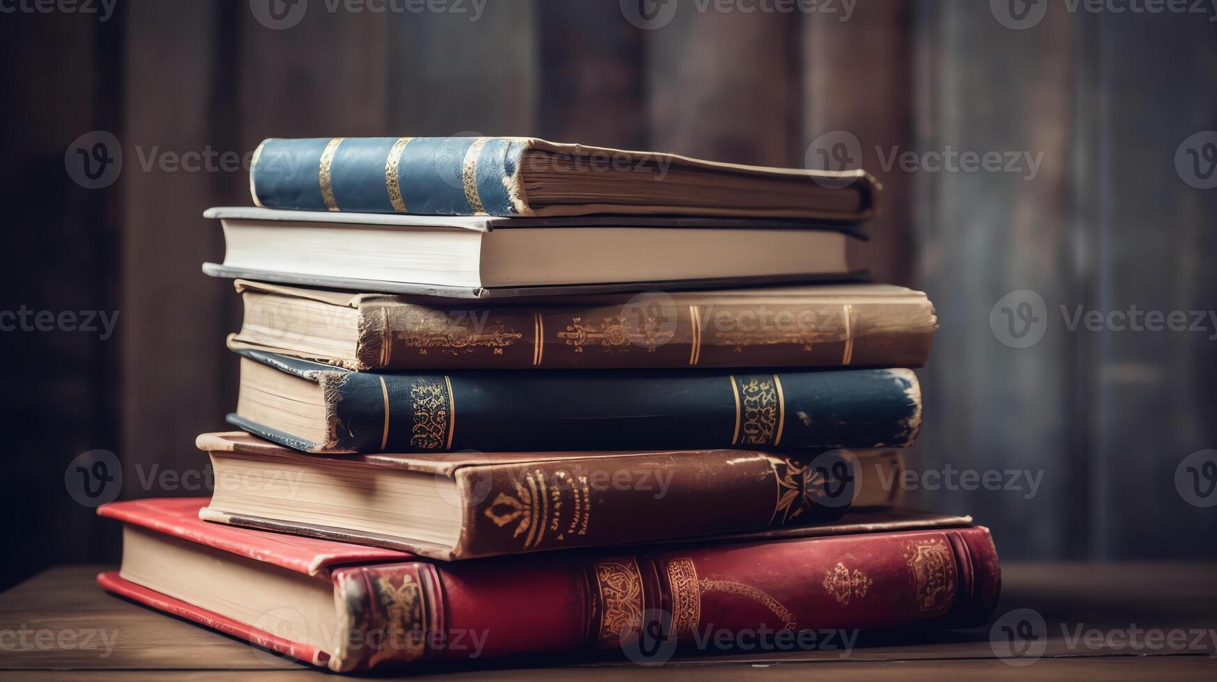 ai generatief een stack van boeken zittend Aan top van een tafel foto