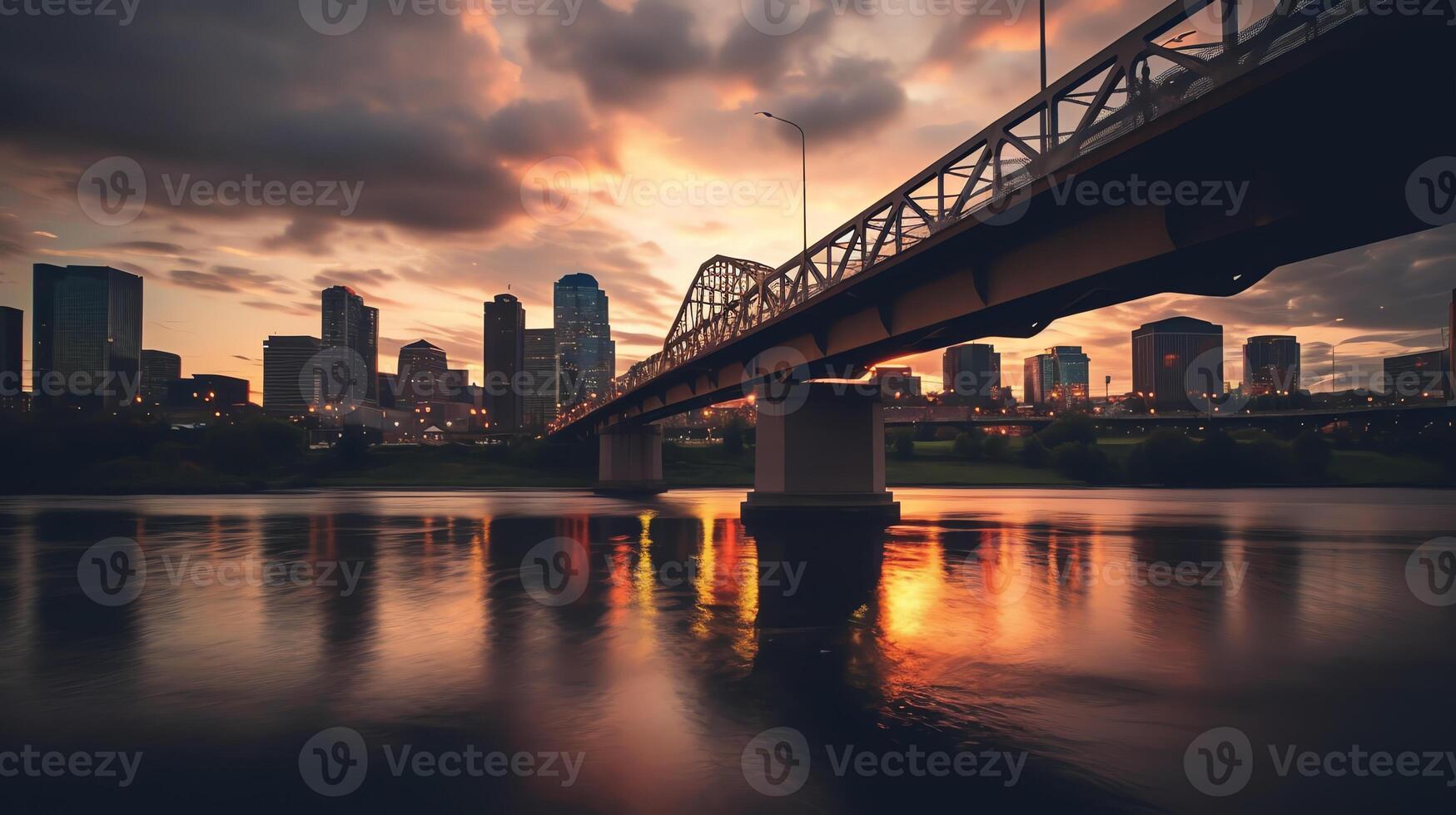 stad horizon met een brug over- een rivier- ai generatief foto