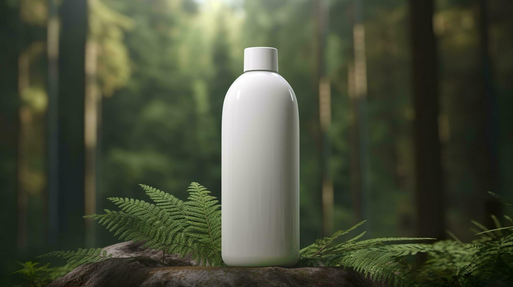 natuurlijk kunstmatig Product presentatie achter de schermen. buitenshuis Woud plaatsing. wit blanco pot shampoo fles. 3d. ai generatief foto