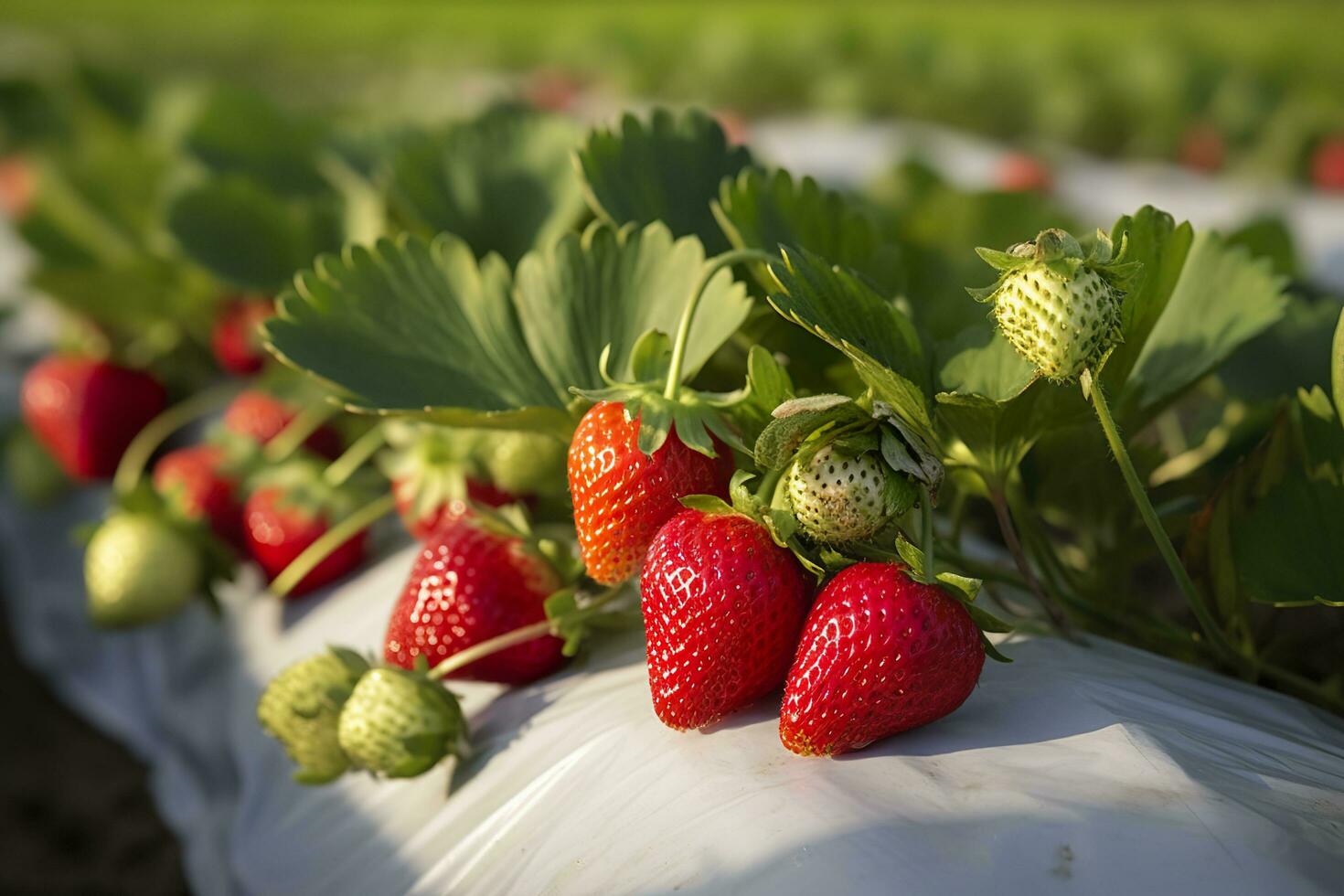 struik van rijp biologisch aardbeien in de tuin. BES detailopname. generatief ai foto