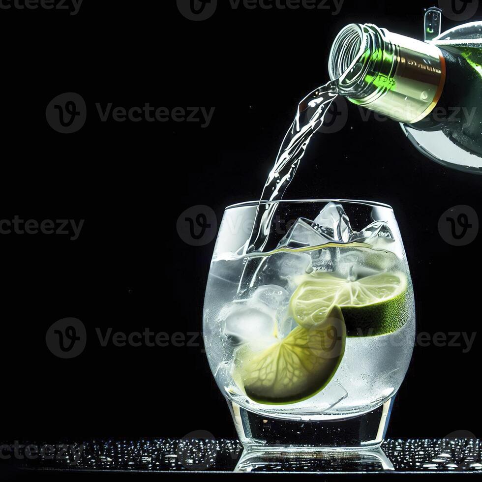 gieten gin tonic drinken in een glas Aan zwart achtergrond. ai generatief foto