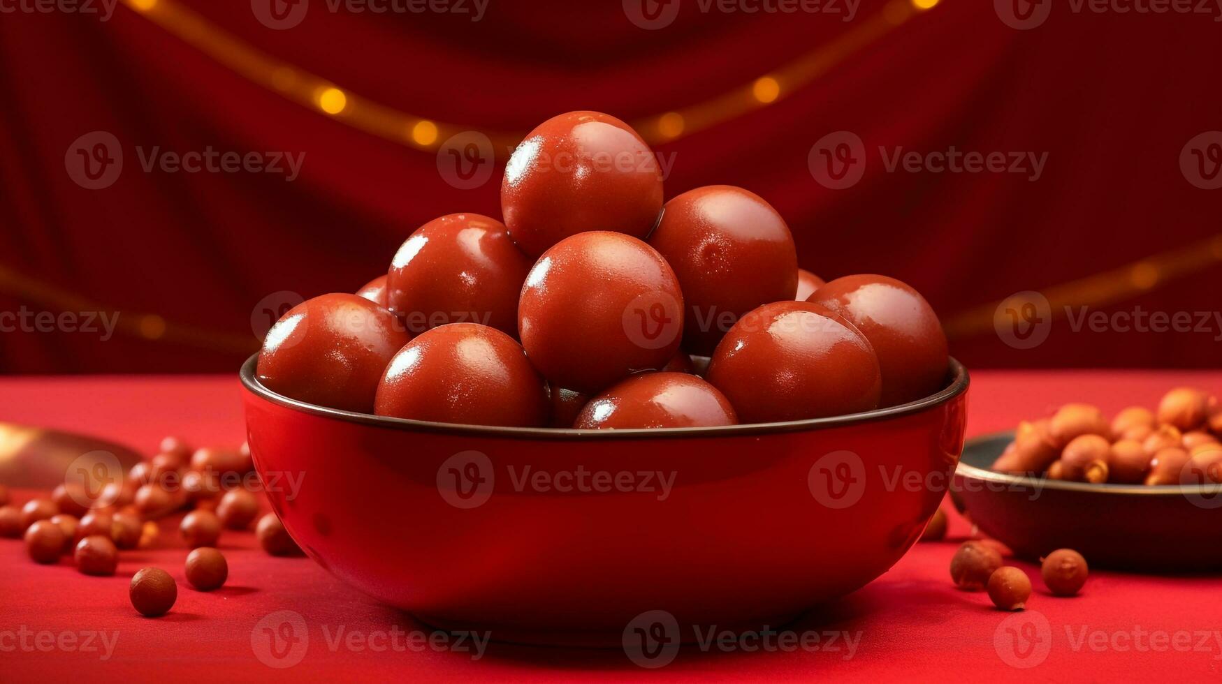 bruin gulaab jamun in een kom Aan een rood achtergrond, diwali voorraad afbeeldingen, realistisch voorraad foto's foto