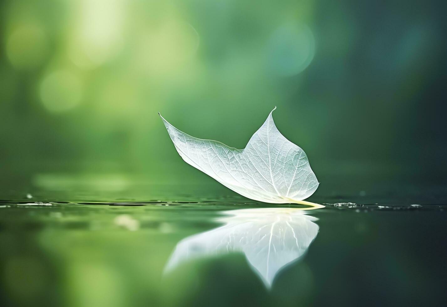 wit transparant blad Aan spiegel oppervlakte met reflectie Aan groen achtergrond macro. generatief ai foto