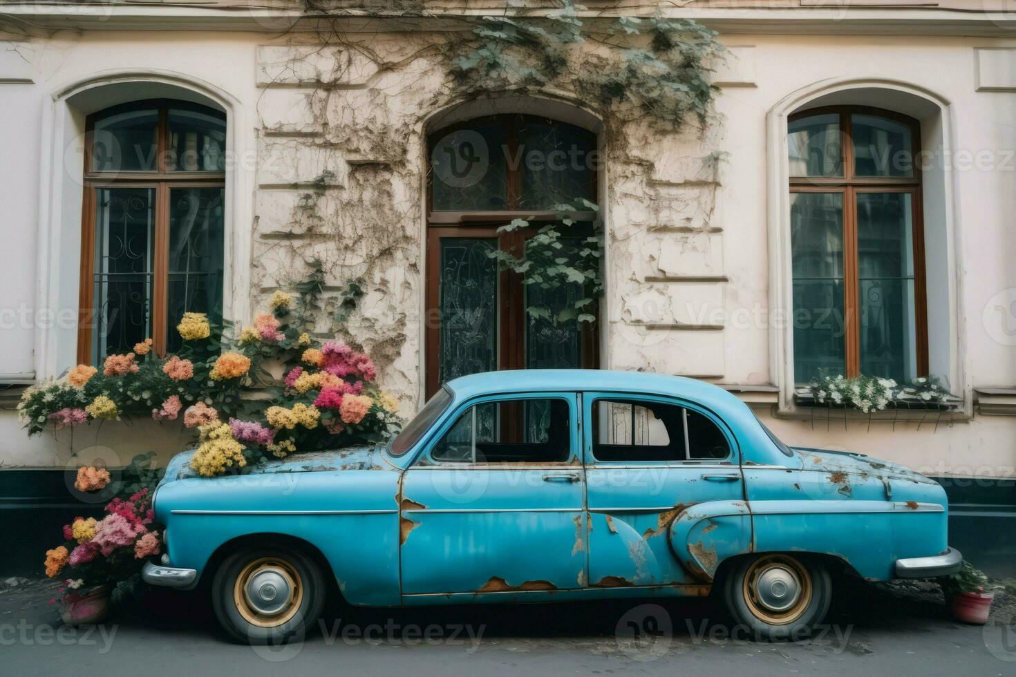 retro blauw roestig auto in de buurt gebouw. genereren ai foto