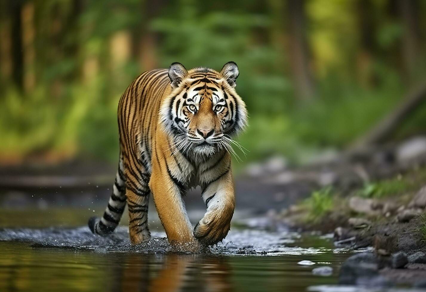 amur tijger wandelen in de water. gevaarlijk dier. dier in een groen Woud stroom. generatief ai foto