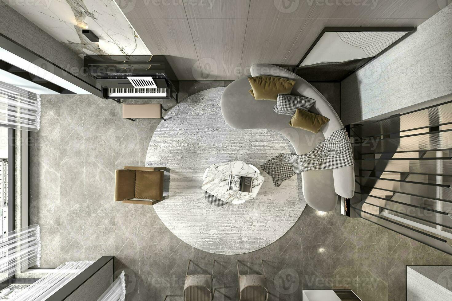 modern leven kamer interieur ontwerp met piano en arrangement van meubilair top visie 3d renderen foto
