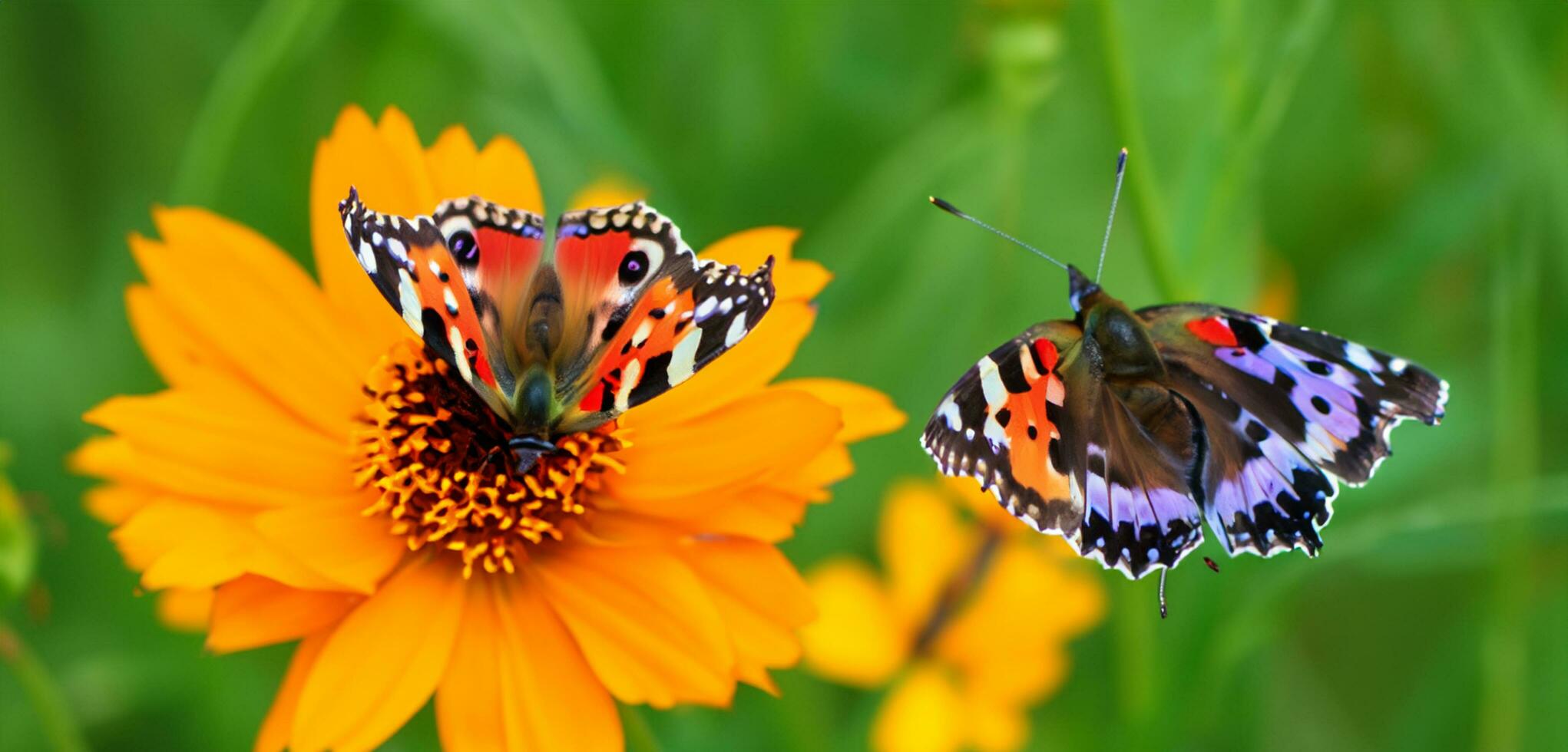 vlinder vliegend in de bloem tuin vlinder zuigen nectar van een bloem. 3d illustratie. foto