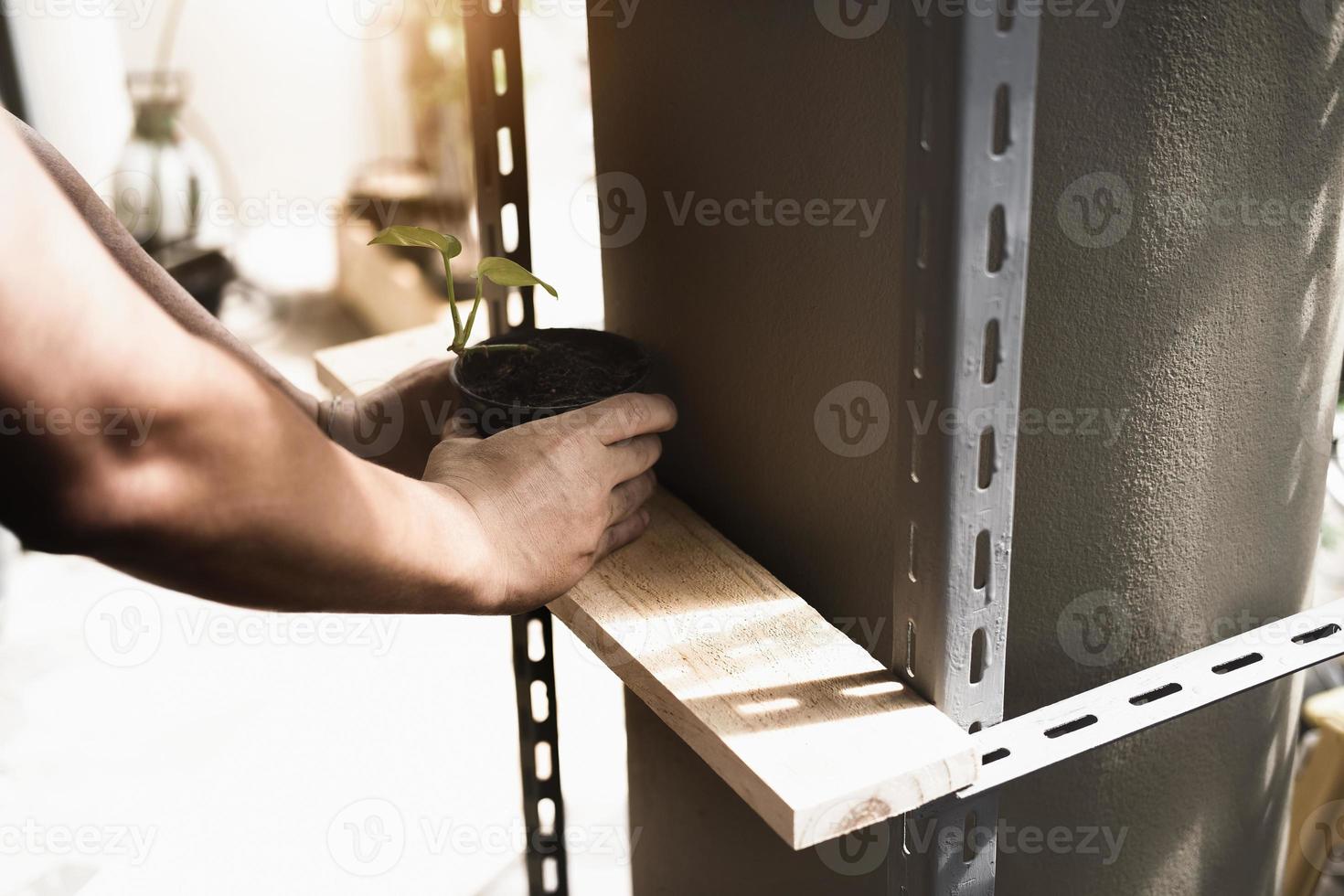 de ambachtslieden zetten de potplanten op een houten plank die ze in hun vrije tijd in elkaar hadden gezet foto