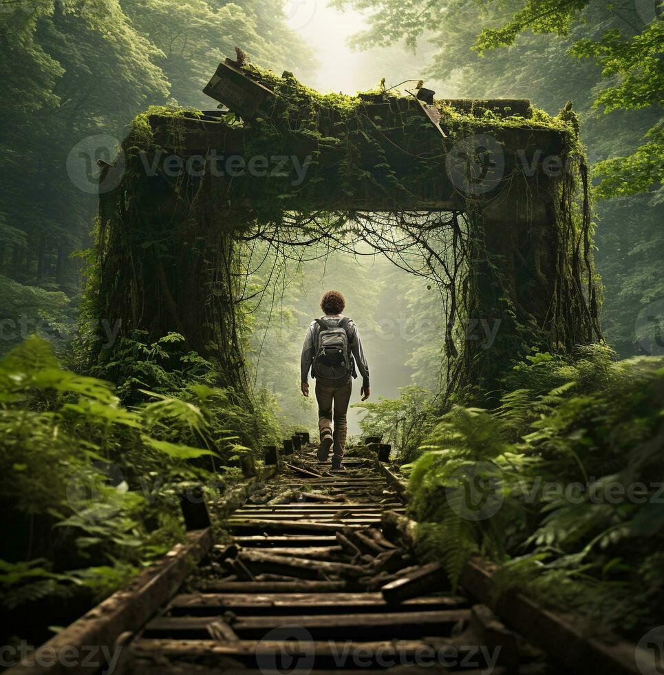 Mens wandelen langs een overwoekerd brug in de Woud, reislust reizen voorraad afbeeldingen, reizen voorraad foto's reislust foto