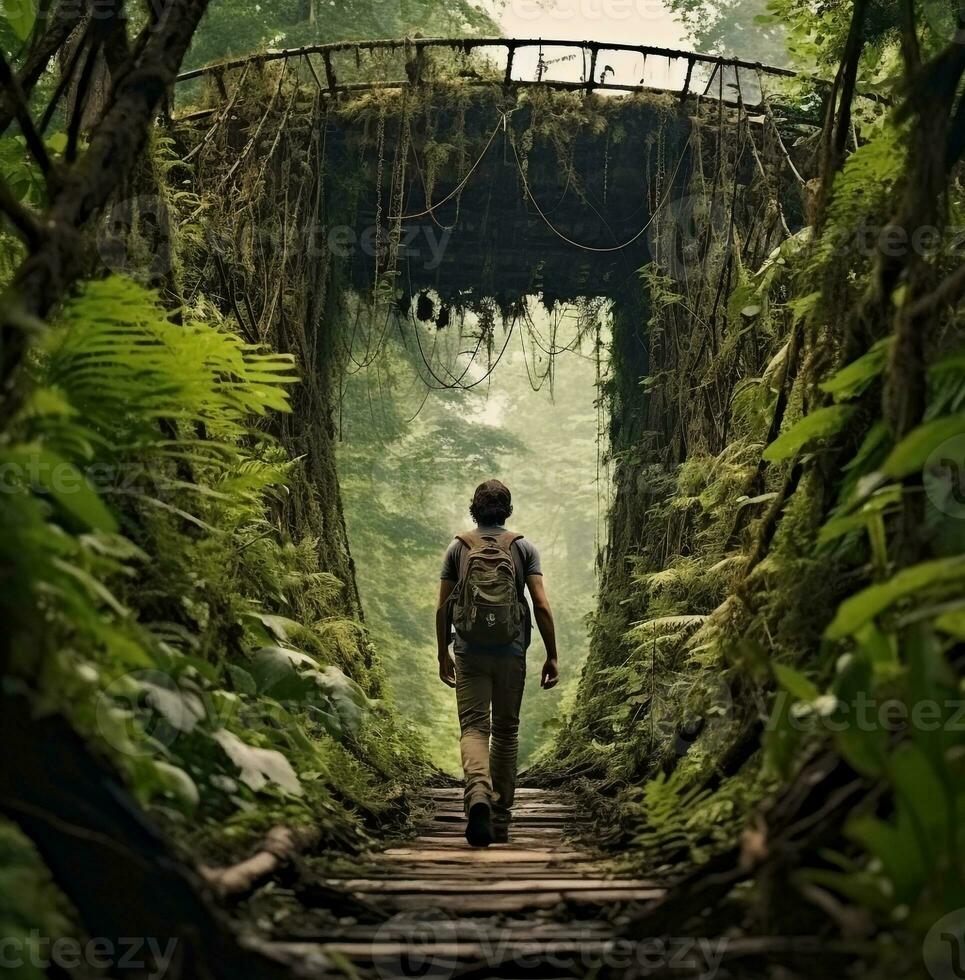 Mens wandelen langs een overwoekerd brug in de Woud, reislust reizen voorraad afbeeldingen, reizen voorraad foto's reislust foto