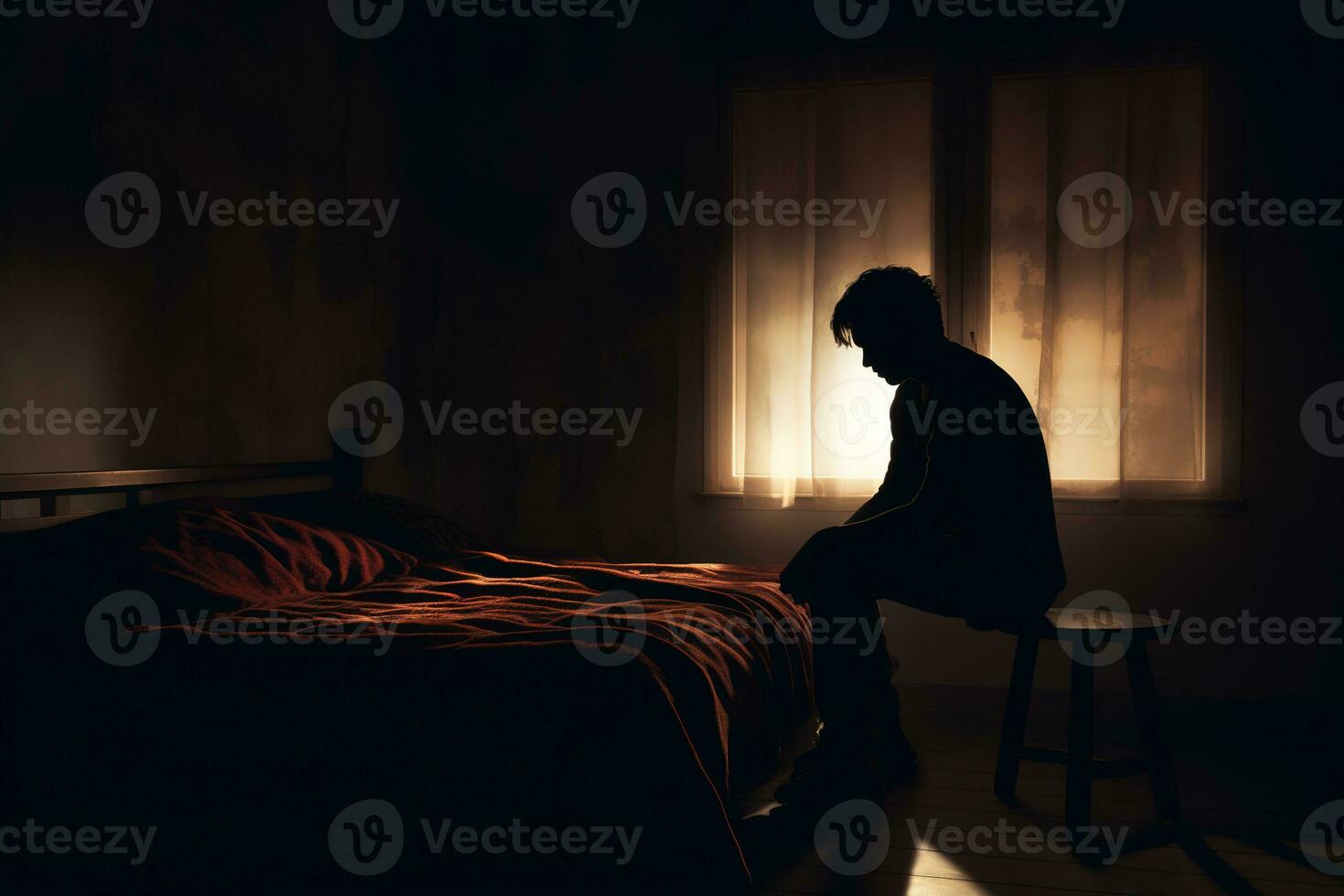 silhouet depressief Mens helaas zittend Aan de bed in de slaapkamer. verdrietig Aziatisch Mens lijden depressie slapeloosheid wakker en zitten alleen Aan de bed in slaapkamer. gemaakt met generatief ai. foto
