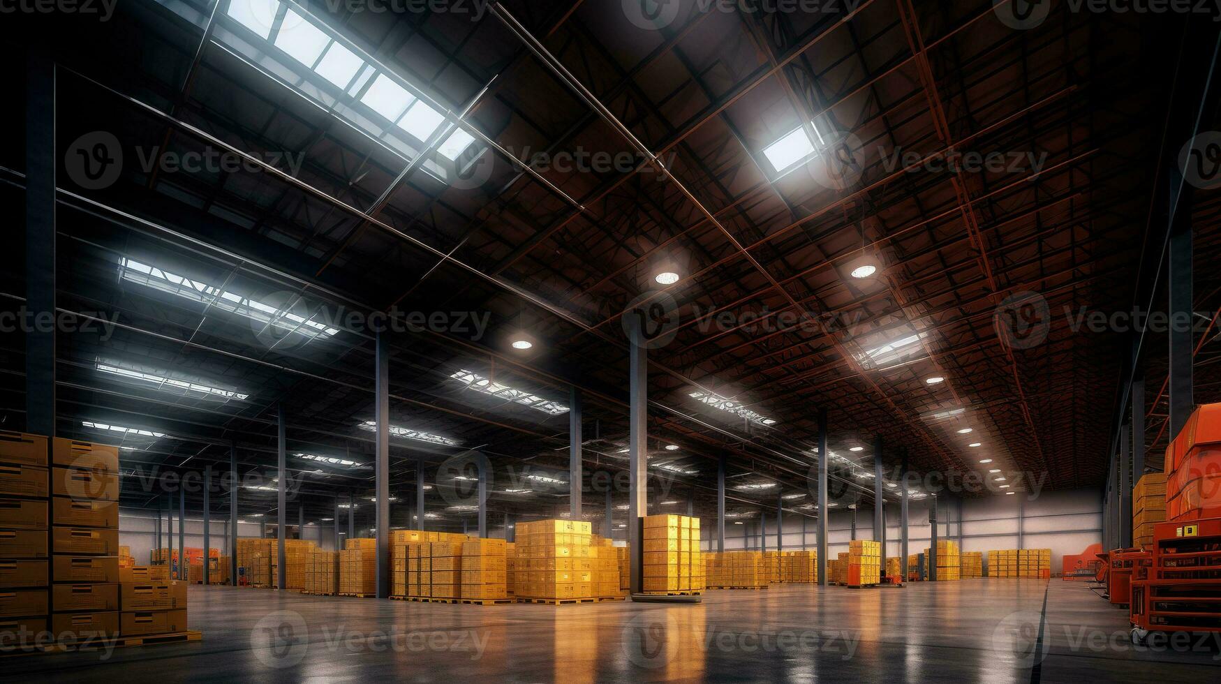 generatief ai, magazijn interieur met LED verlichting, industrie gebouw, distributie kleinhandel centrum, een deel van opslagruimte en Verzending systeem. foto