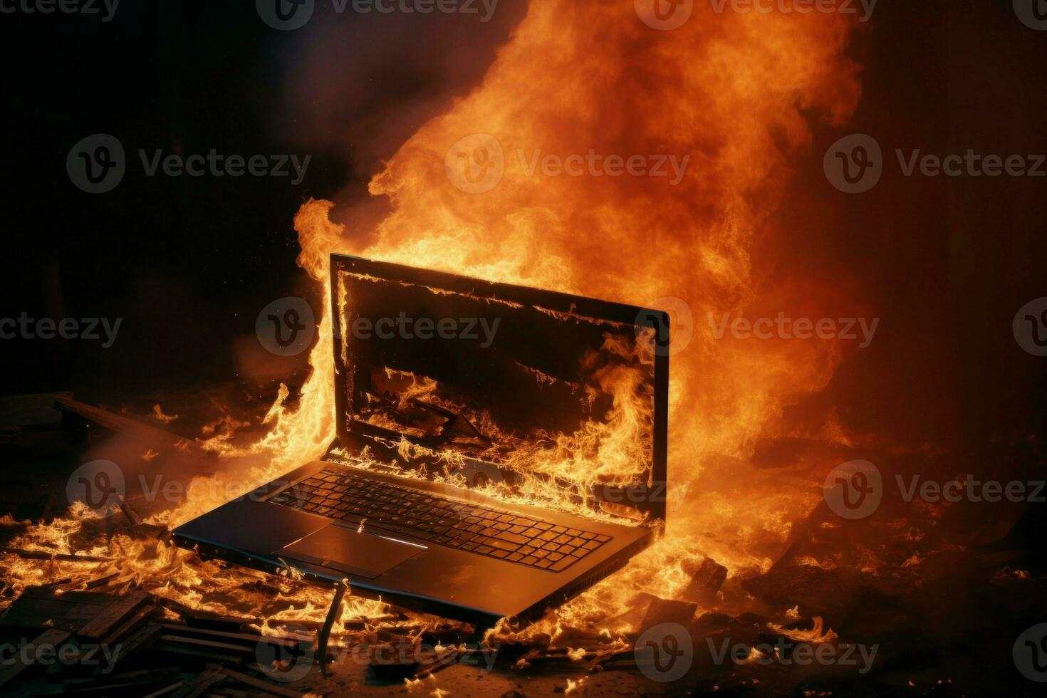 oververhit brandend laptop tafel. genereren ai foto