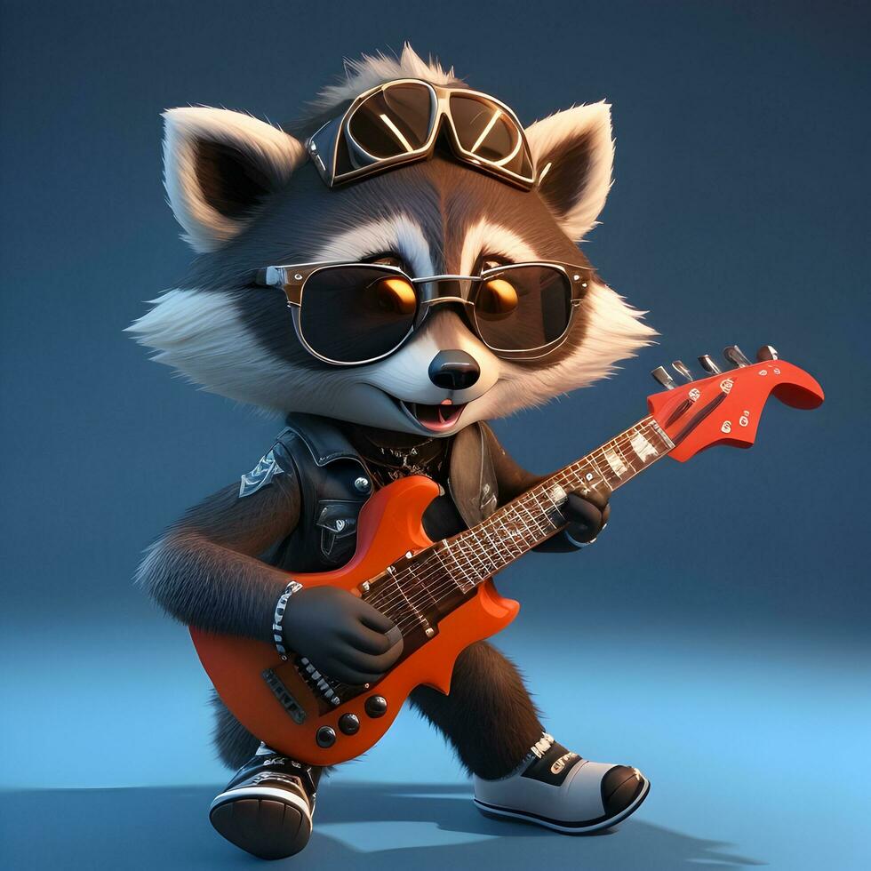 slim kat rockster 3d tekenfilm wasbeer karakter met een gitaar en koel tinten foto