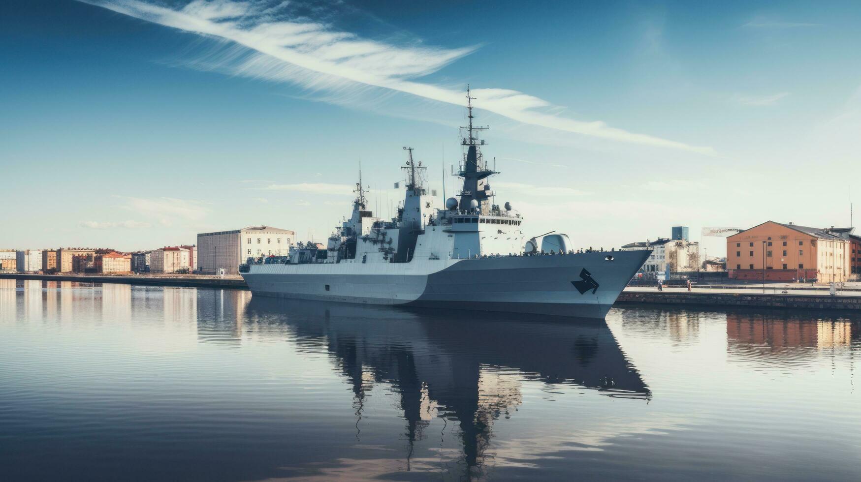 een groot oorlogsschip staat in de haven van een Europese stad foto