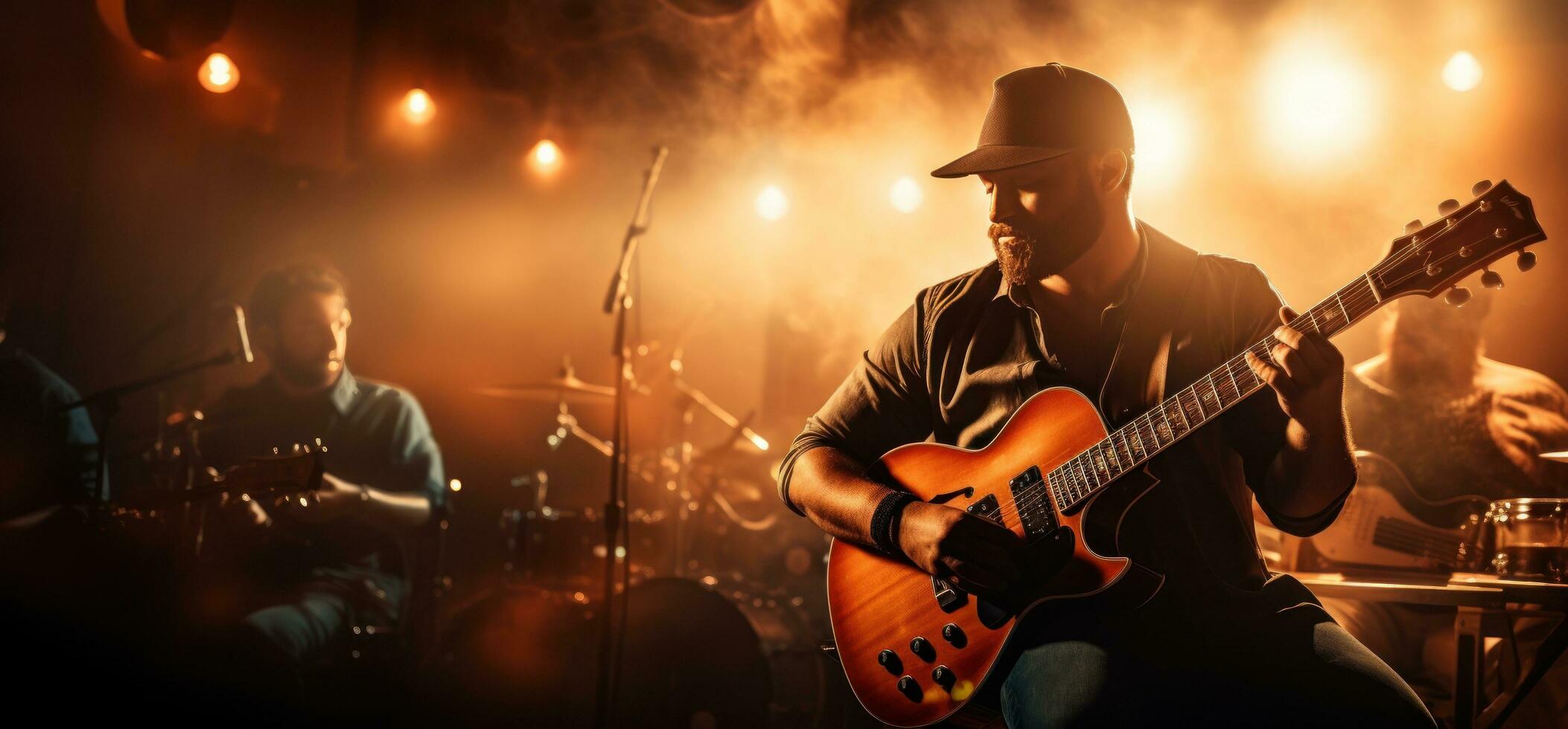 een Mens spelen gitaar met muzikanten foto