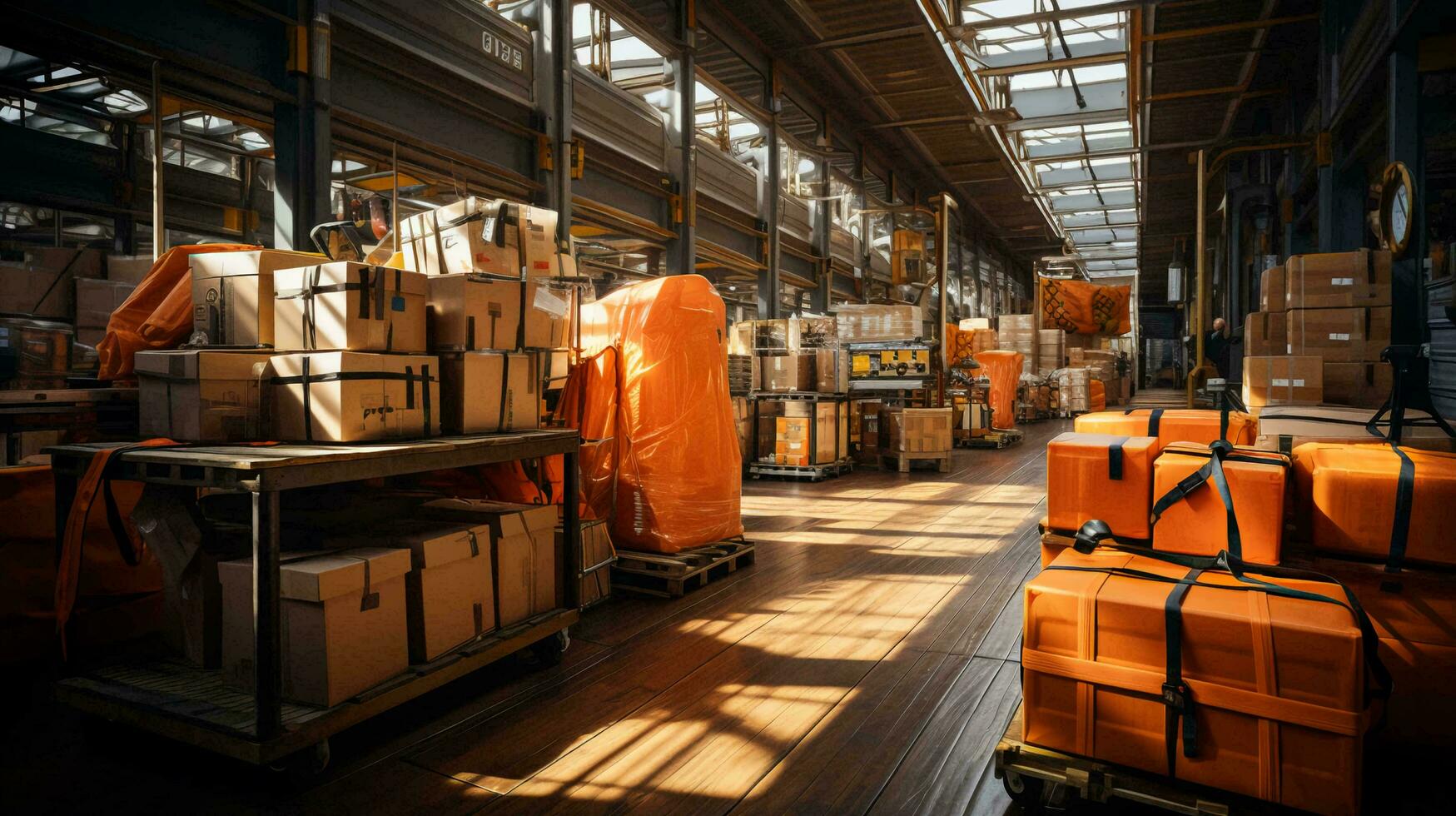 groot geautomatiseerd magazijn logistiek centrum voor de levering en opslagruimte van goederen. ai gegenereerd foto