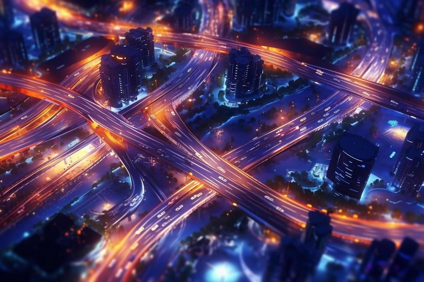 snelweg verkeer in de stad Bij nacht. 3d weergave. ai generatief foto