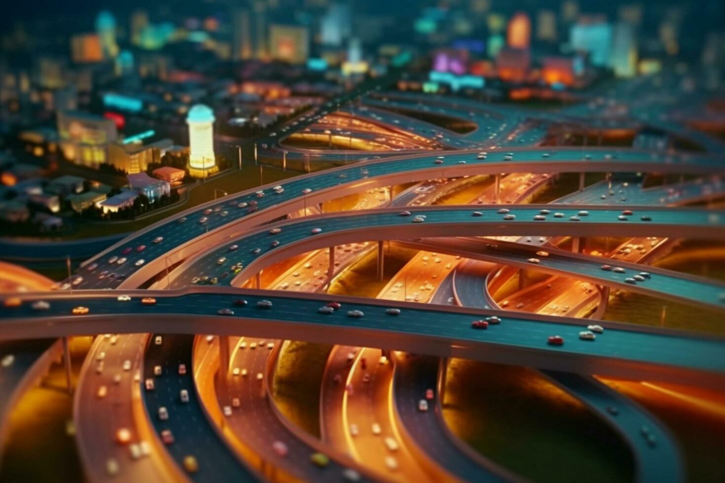 snelweg verkeer in de stad Bij nacht. 3d weergave. ai generatief foto