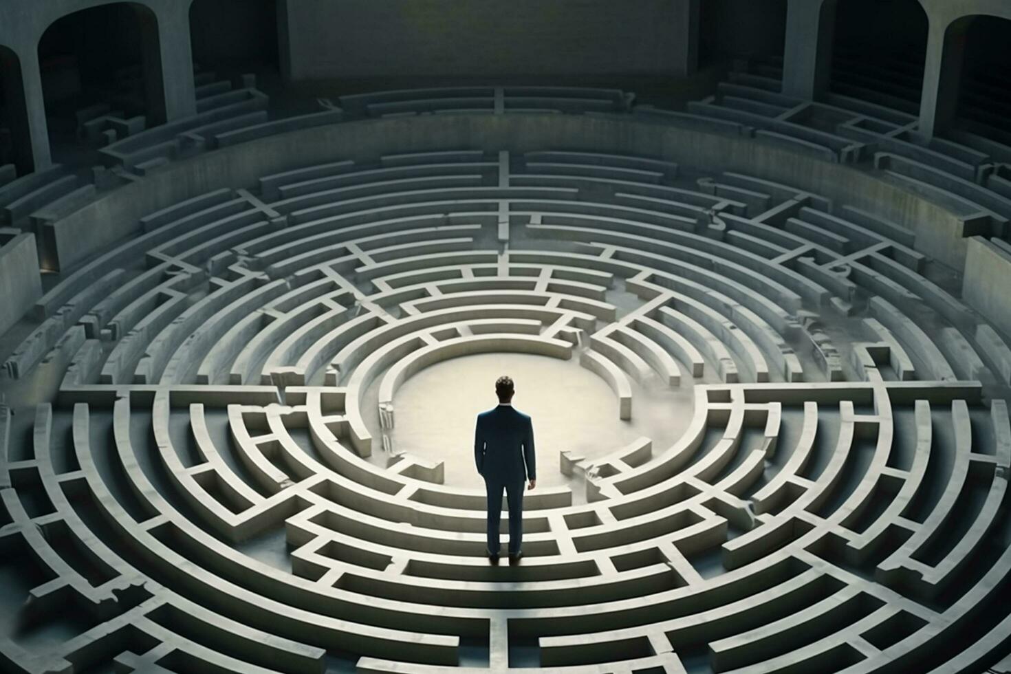 zakenman staand in een midden- van een labyrint. 3d renderen ai gegenereerd foto