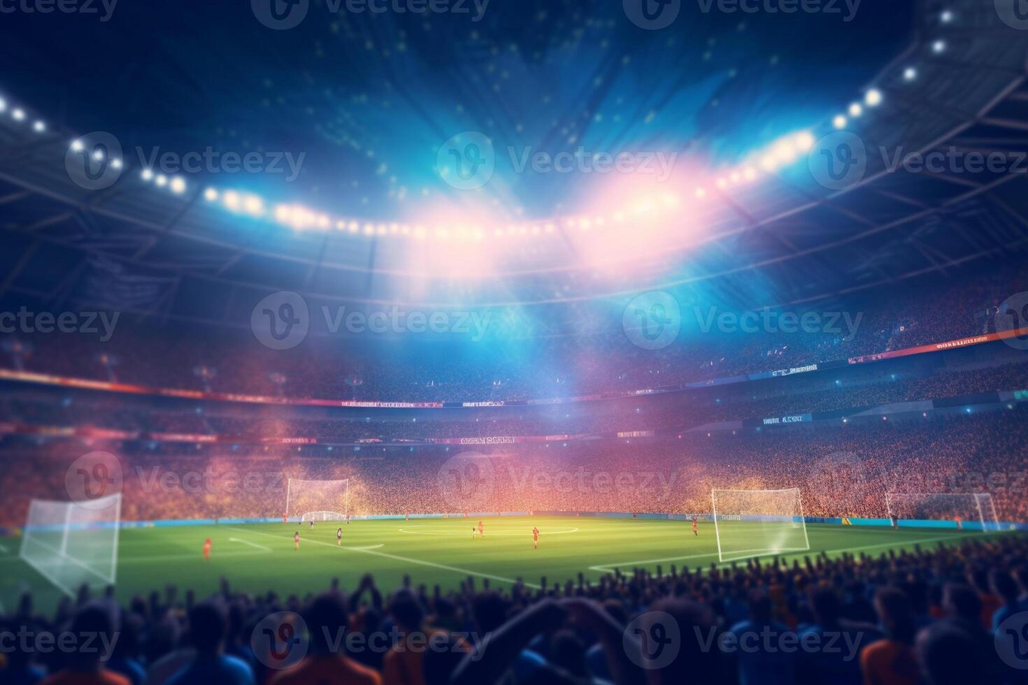 digitaal Amerikaans voetbal of voetbal stadion Bij nacht met menigte van fans. 3d renderen ai gegenereerd foto