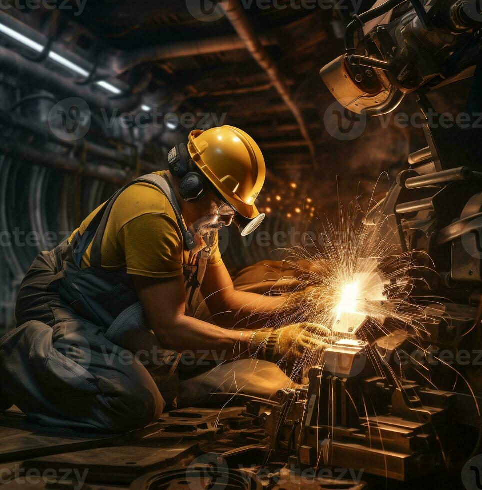 twee bouw arbeiders gebruik makend van een slijpen machine in een staal fabriek, industrieel machinerie voorraad foto's foto