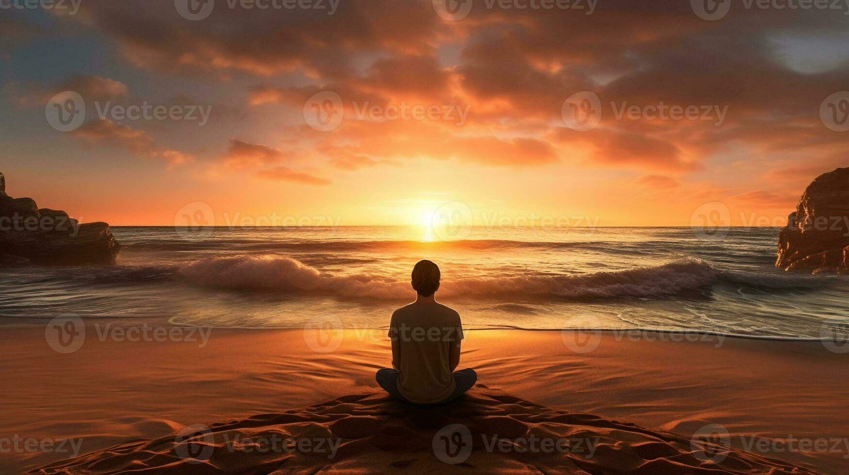 een persoon zittend Aan een strand aan het kijken de golven rollen in, mentaal Gezondheid afbeeldingen, fotorealistisch illustratie foto