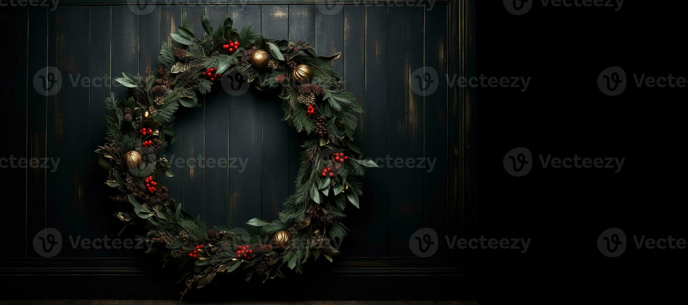 generatief ai, dichtbij omhoog Kerstmis lauwerkrans, droog takken, rood bessen, pijnboom, ballen en bloemen Aan donker humeurig bloemen getextureerde achtergrond. foto