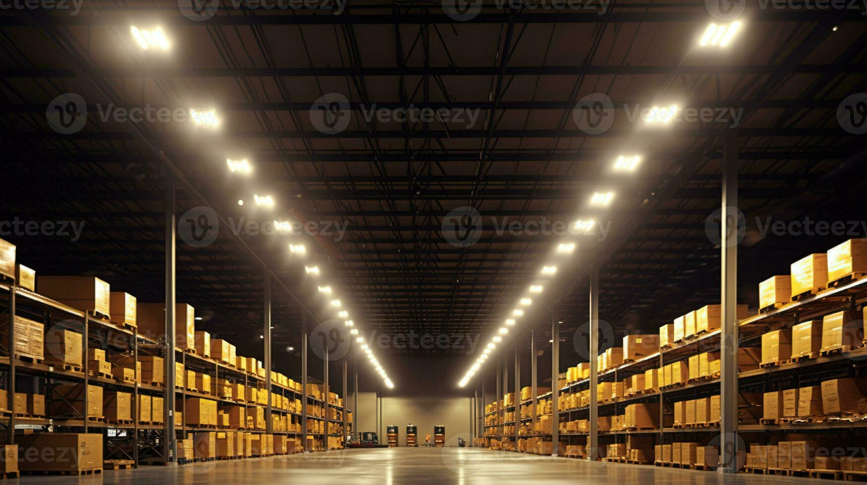 generatief ai, magazijn interieur met LED verlichting, industrie gebouw, distributie kleinhandel centrum, een deel van opslagruimte en Verzending systeem. foto