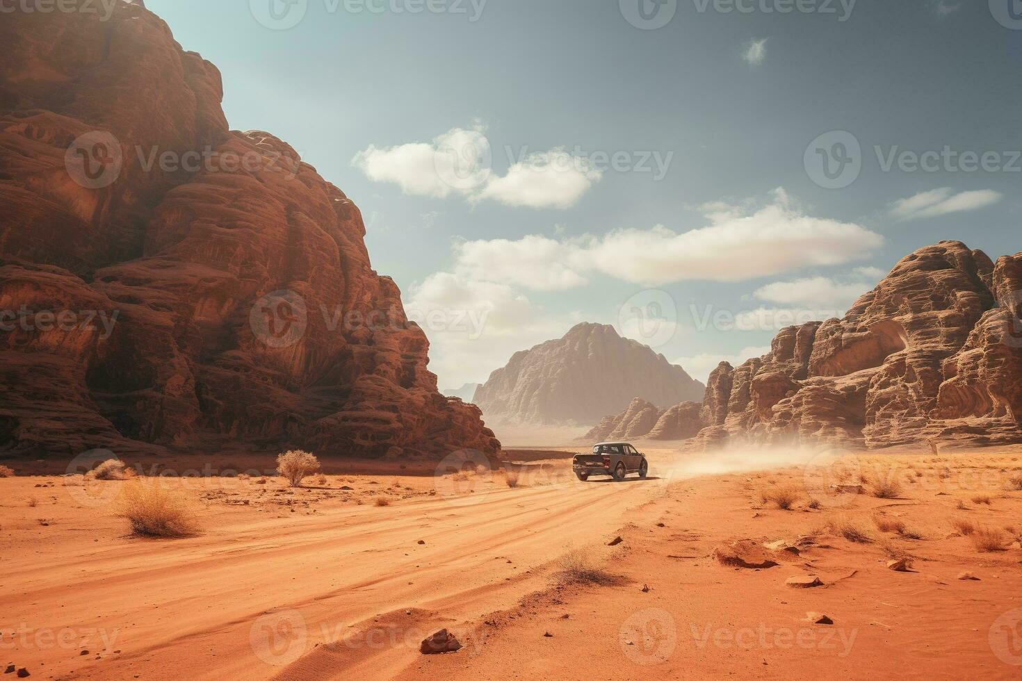 generatief ai, uit weg auto het rijden Aan een kronkelend berg woestijn weg, omringd door adembenemend keer bekeken van de robuust terrein foto