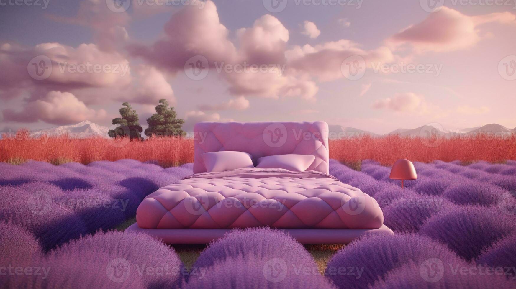 generatief ai, fantasie Purper kom tot rust kamer met dromerig bed en mooi landschap met wolken. slaapkamer in kalmte lavendel en paars kleuren. foto
