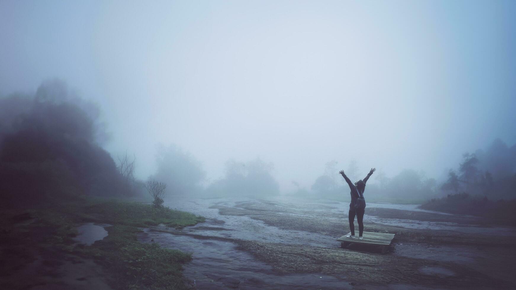 vrouwen gaan naar natuurlijk bos vol wolkenmist foto