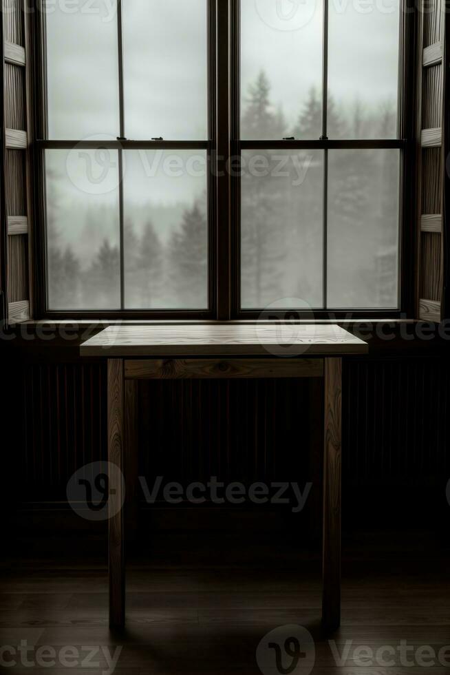 een houten tafel zittend in voorkant van een venster. ai gegenereerd foto