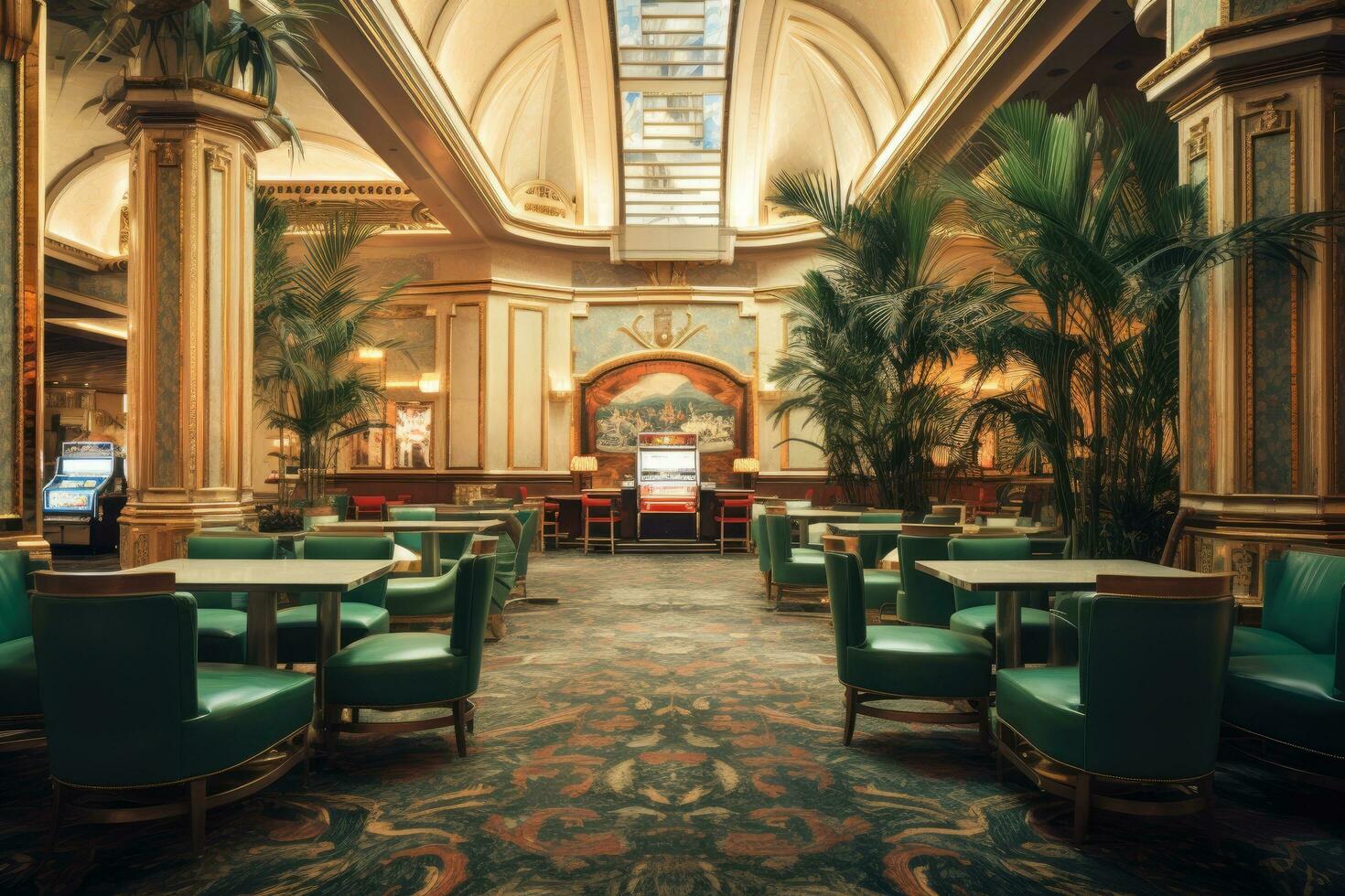 in las vegas. bellagio is een luxe hotel en casino gelegen Aan de las vegas strip. klassiek wijnoogst Amerikaans las vegas casino interieur, ai gegenereerd foto