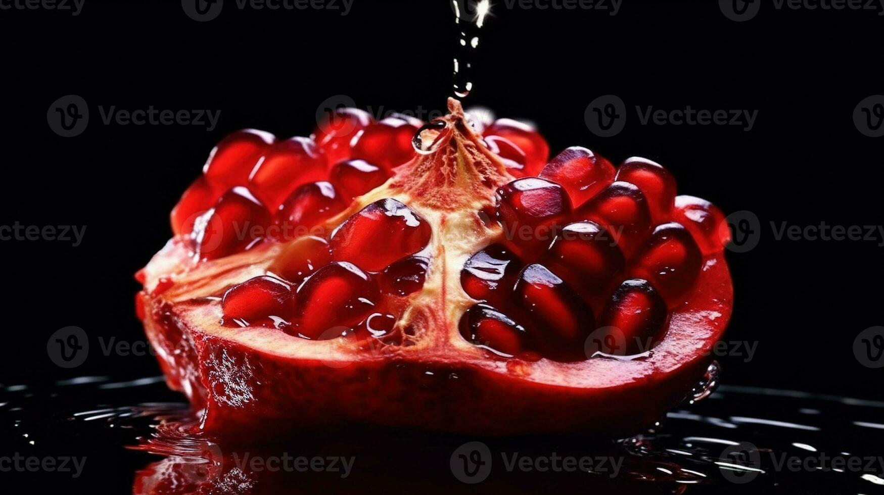 generatief ai, macro vers sappig voor de helft van granaatappel fruit met druppels van water achtergrond. detailopname foto