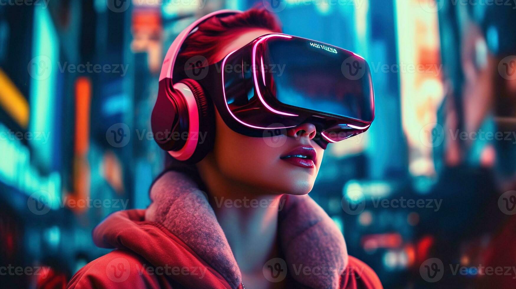 generatief ai, mooi vrouw in vr bril in neon ruimte straat, virtueel realiteit koptelefoon in cyberspace foto