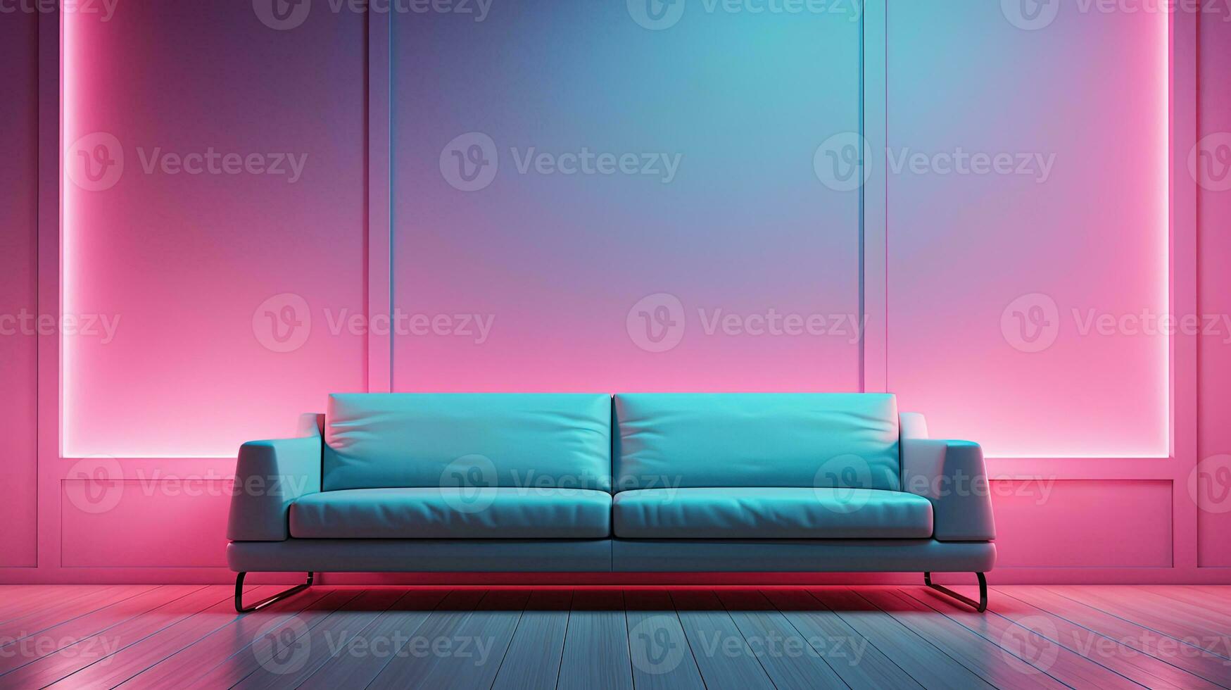 generatief ai, modern neon minimalistisch interieur, blauw en roze kleuren, bank, tafel en planten foto