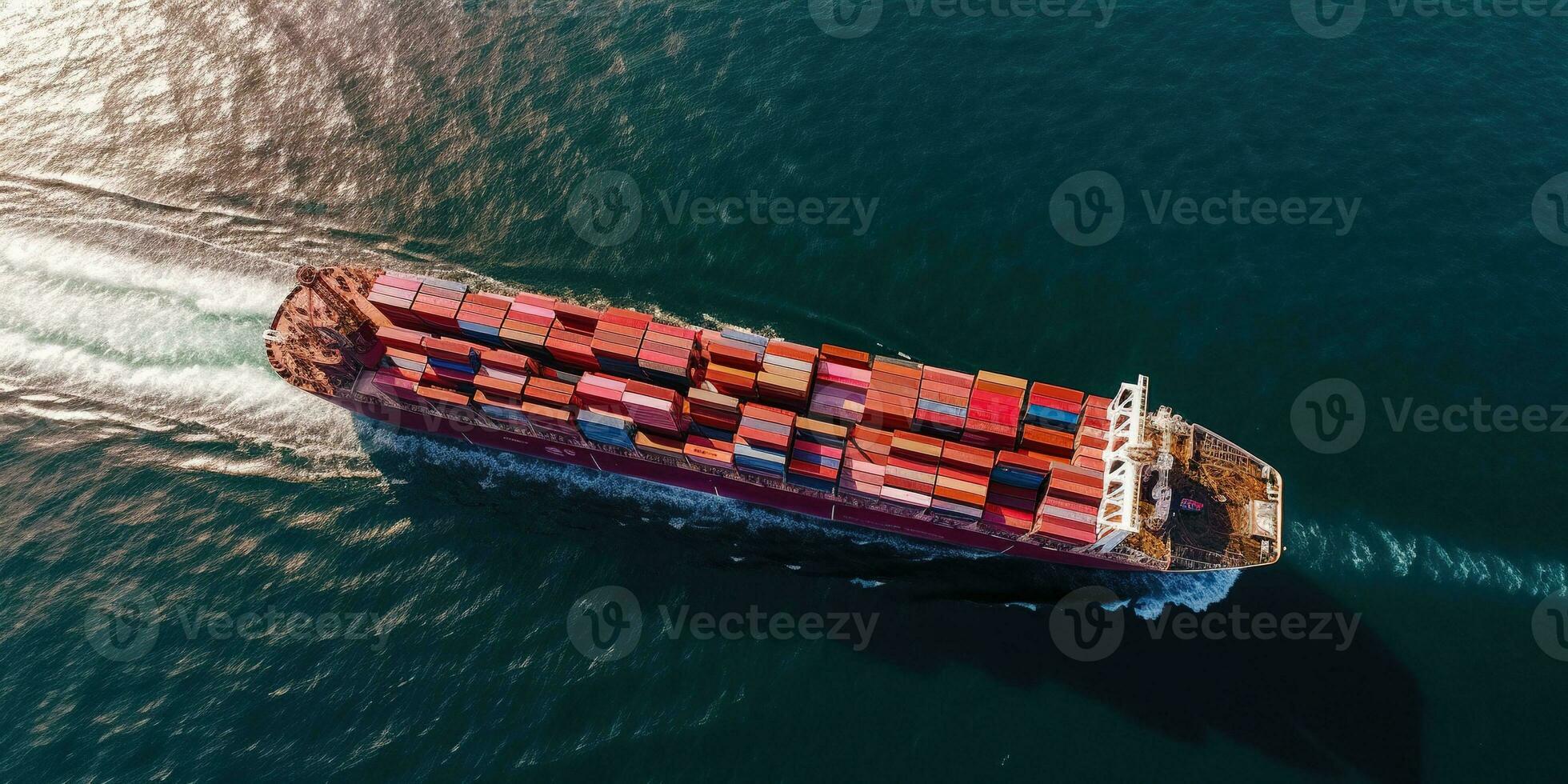 generatief ai, houder schip in importeren exporteren en bedrijf logistiek. antenne visie, water vervoer, lading Verzending in Open zee. foto