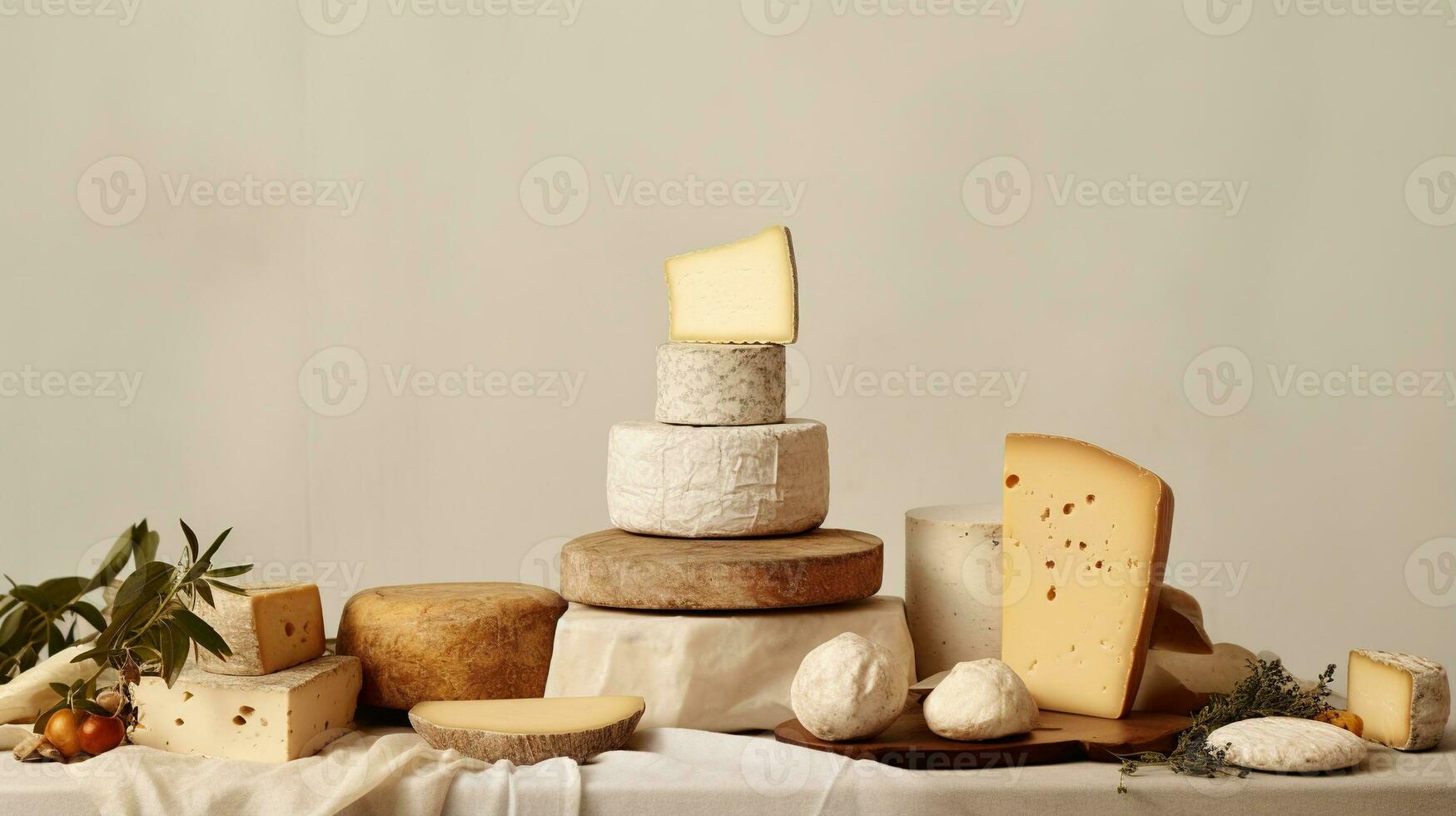 generatief ai, verschillend types van kaas Aan de tafel, esthetisch gedempt neutrale kleuren foto