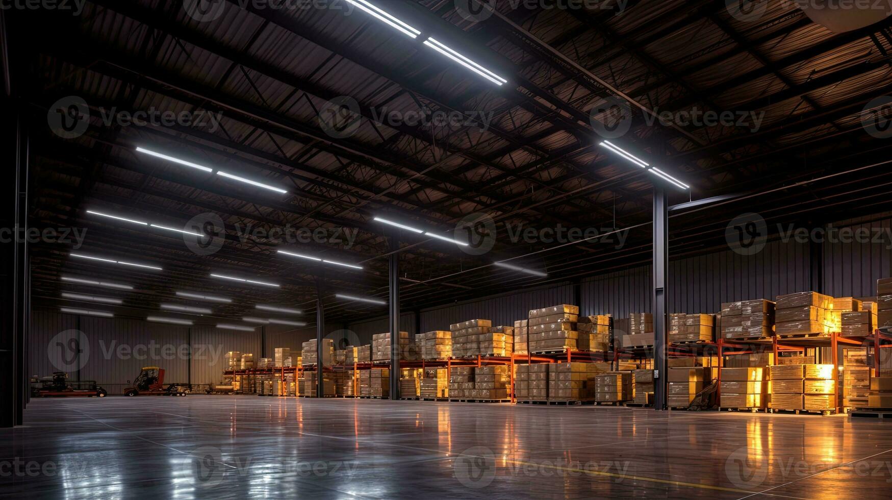 generatief ai, magazijn interieur met LED verlichting, industrie gebouw, distributie kleinhandel centrum, een deel van opslagruimte en Verzending systeem. foto