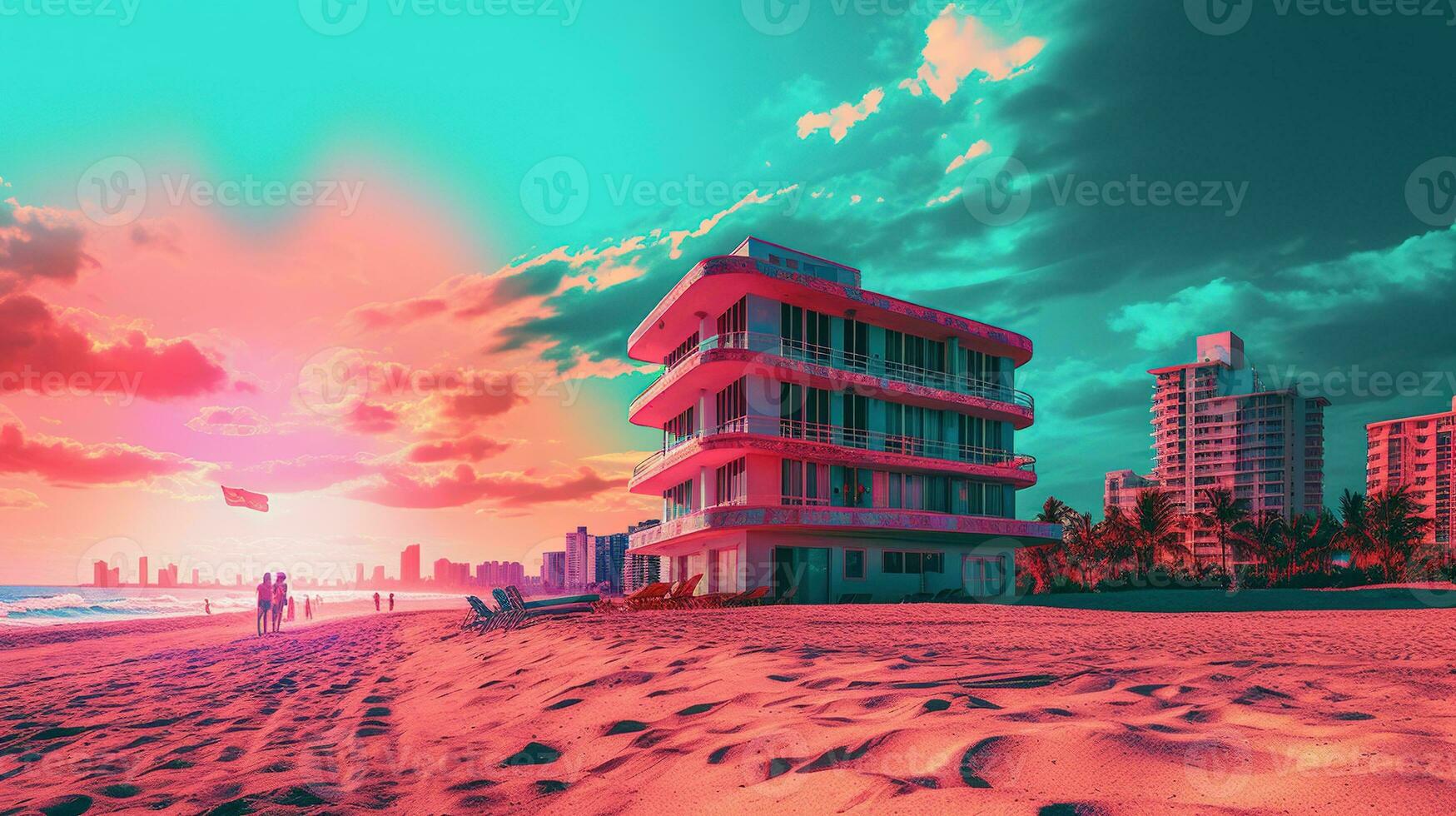 generatief ai, Miami zomer gevoel retro illustratie. wijnoogst roze en blauw kleuren, gebouwen, Californië handpalmen, 80s stijl foto