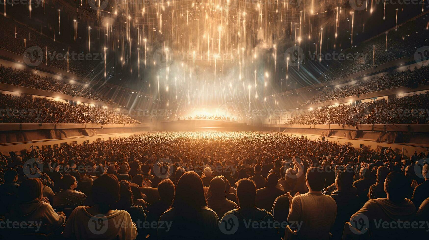 generatief ai, mensen menigte Aan muziek- rots festival concert in stadion, groot stadium lit door schijnwerpers. foto