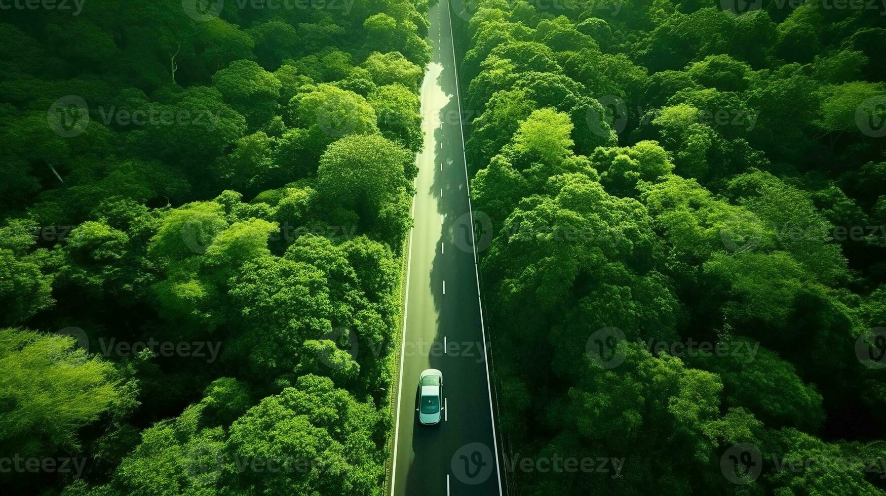 generatief ai, antenne visie van weg tussen groen Woud, groen landschap foto