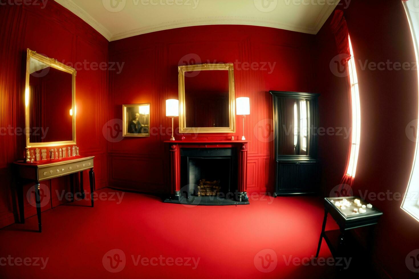 een rood kamer met een haard en spiegel. ai gegenereerd foto