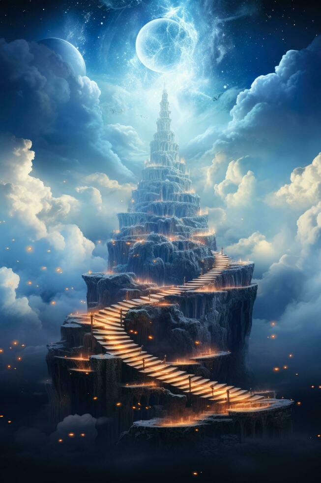 een drijvend trappenhuis in mystiek wolken symboliseert droomachtige hemelvaart foto